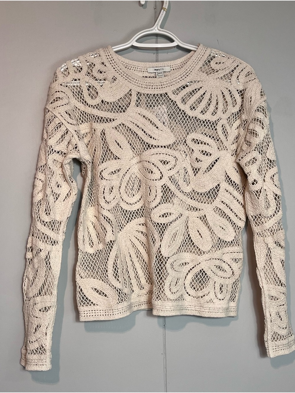 RW&CO. Crochet Floral Open Knit Sweater XS NWT 100% Cotton Beige